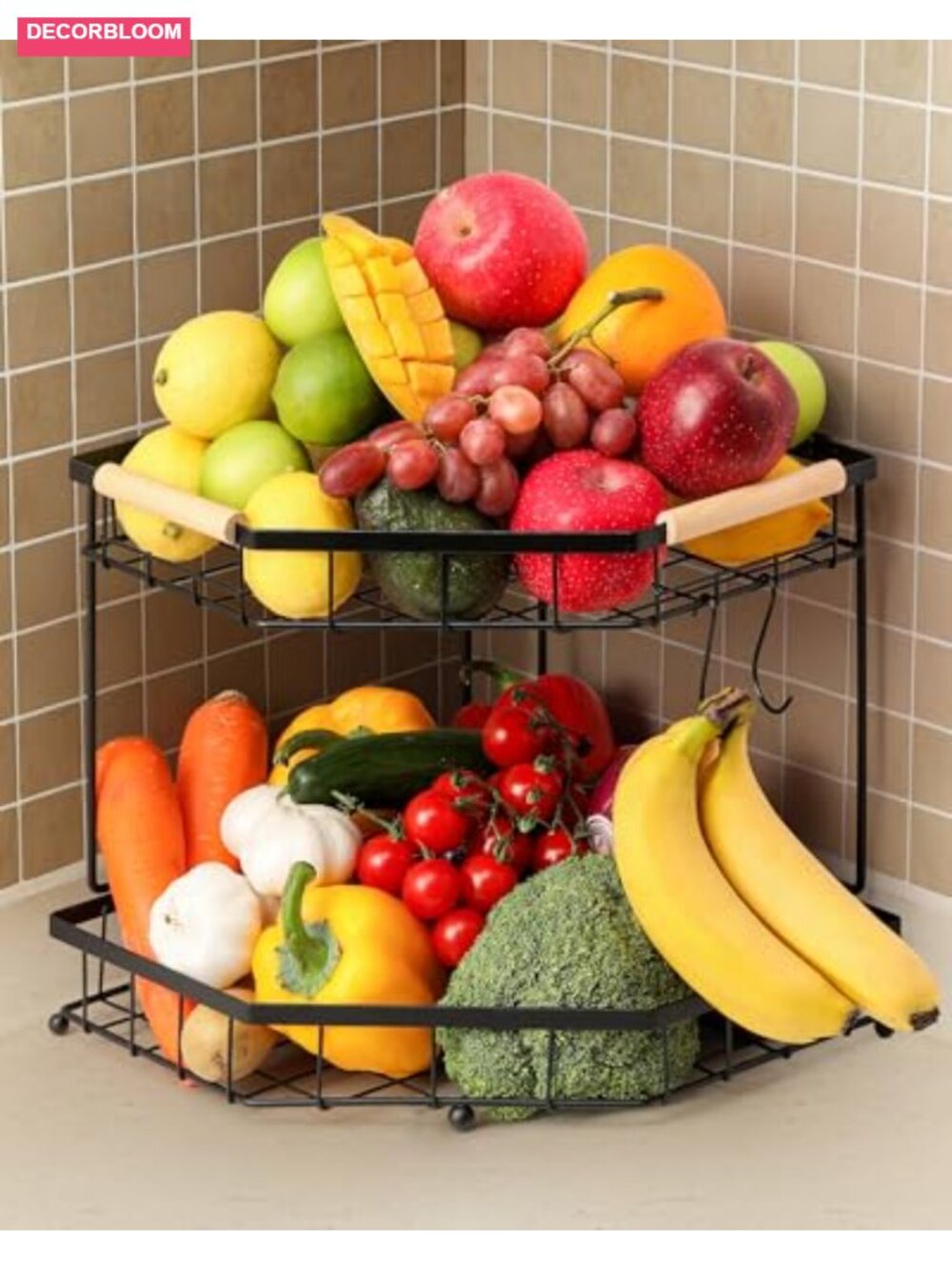2 Tier Corner Fruit Basket Metal Wooden Handle Kitchen Organizer